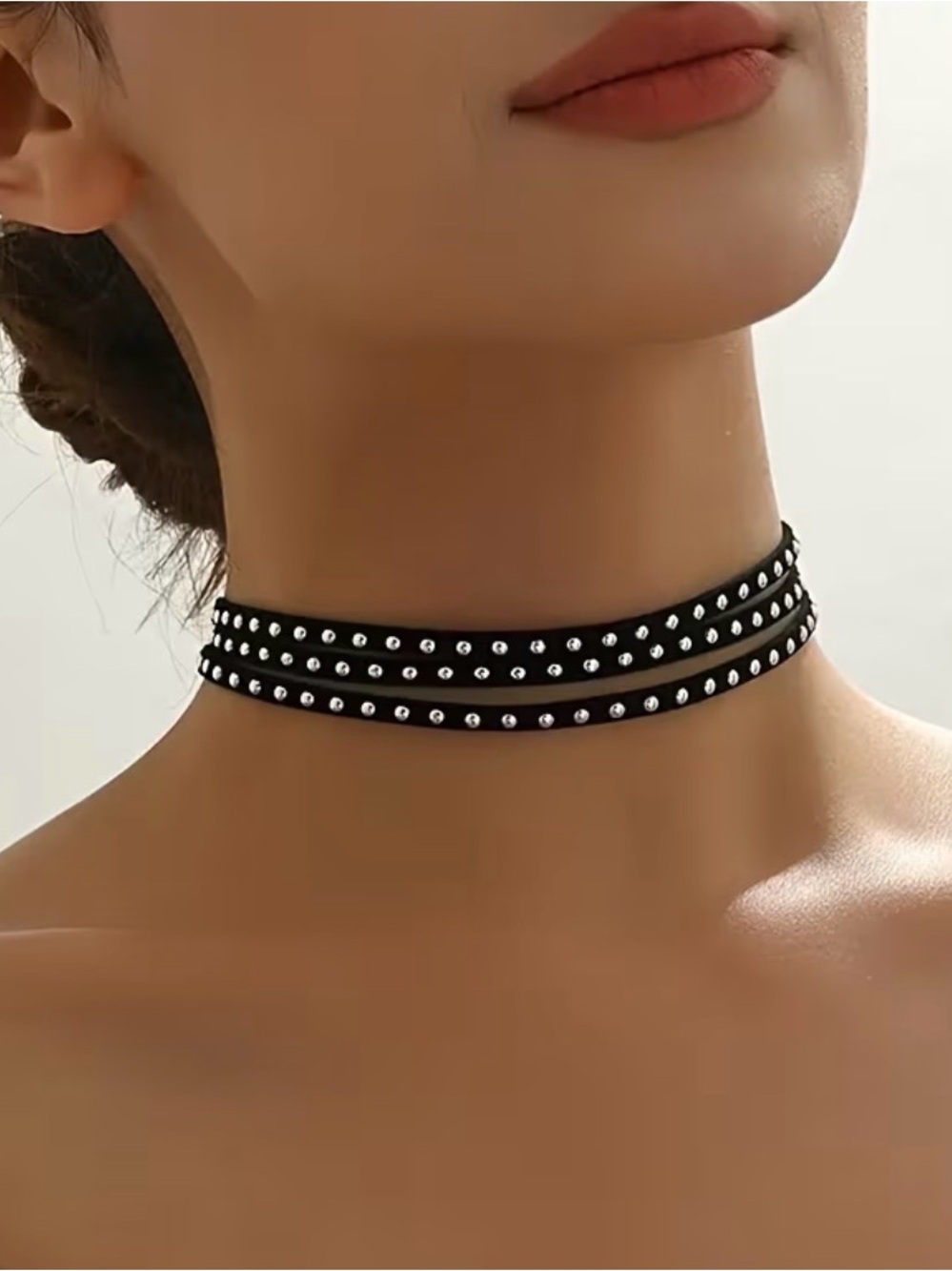 Black Triple-Row Stud Choker Necklace
